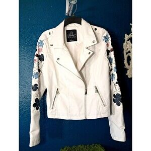 Bright White Vegan Faux Leather Floral Embroidered Moto Biker Cowgirl Jacket L